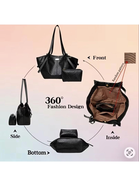 Ensemble Sac fourre tout léger à motifs tisser couleur noir avec petite trousse
