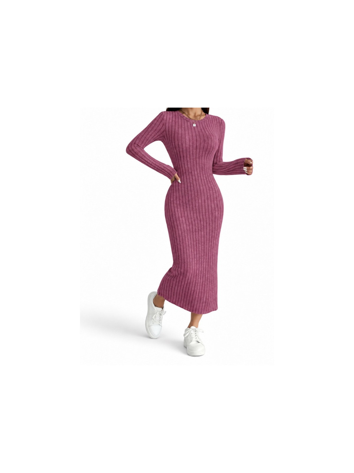 Robe pull longue manches automne hiver couleur Rose