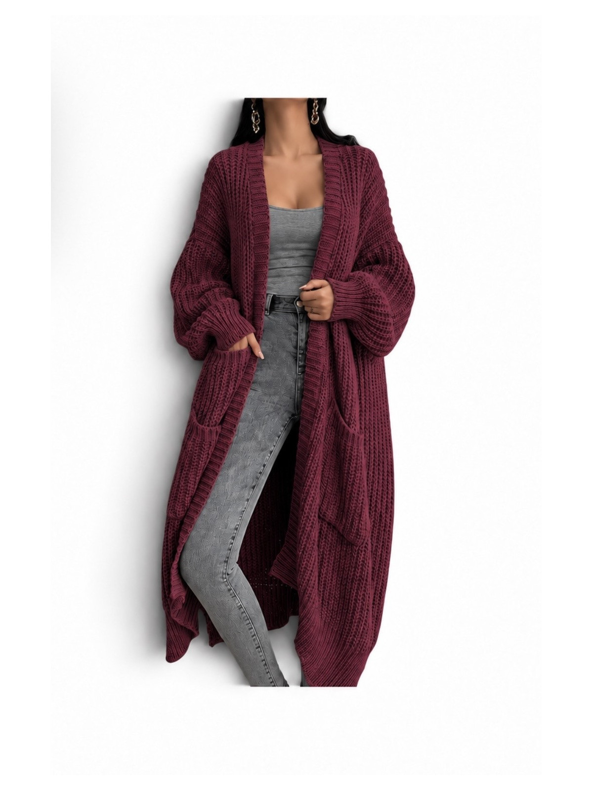 Veste Cardigan décontracté automne hiver couleur Rouge bordeaux