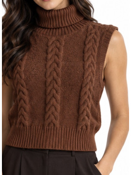 Haut pulls gilet style rétro col montant couleur Marron