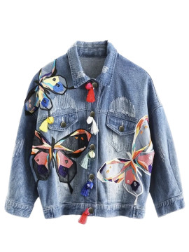 Veste jeans décontracté avec broderie papillon