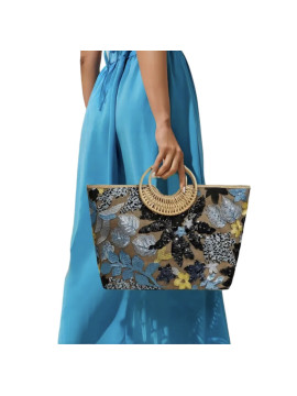 Sac en paille poignée bambou tisser fleurs pour l’été