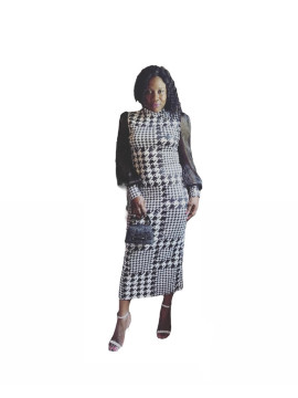 Robe moulante à manches longues et larges imprimer pieds de poule